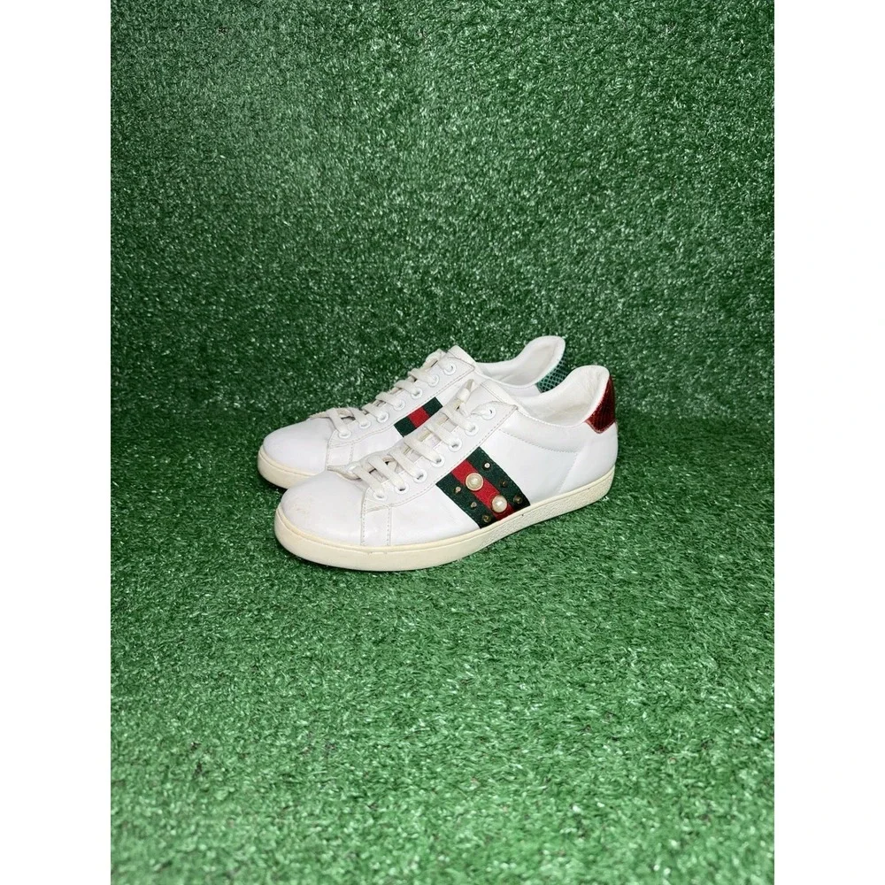 Gucci Ace Trainers Pearl Studded Web White Leather Shoes Womens Size 9 US 39 EU